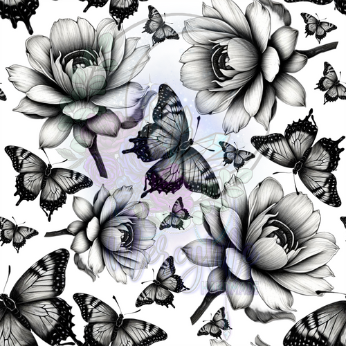 Bw floral butterflies